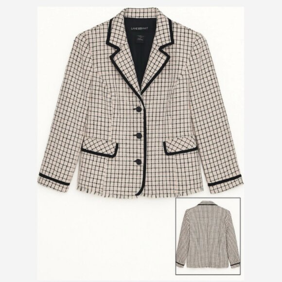 Vintage Lane Bryant Blazer Jacket Size 14 Tweed Black White Pink Fringe Trim - Picture 2 of 3